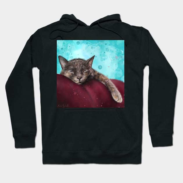 Painting of a Gray Cat Sleeping on a Red Couch on Blue Background Hoodie by ibadishi